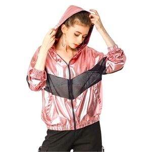 ALLEGRA K, HOODED, ZIP UP JACKET. SHIMMERING METALLIC FABRIC. SIZE M